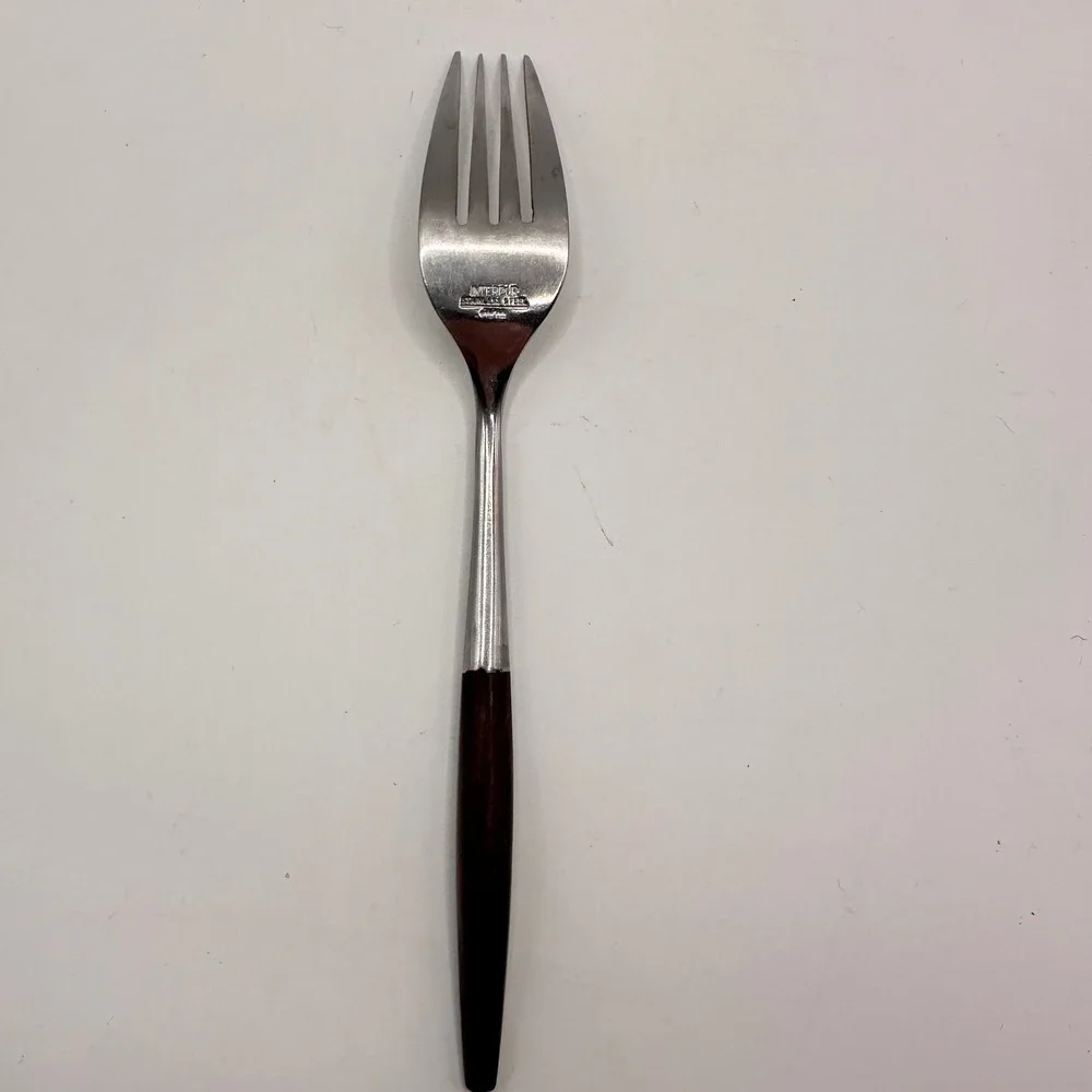 Vintage Interpur Stainless Steel Salad Fork Wood Scroll Heart Pattern Japan